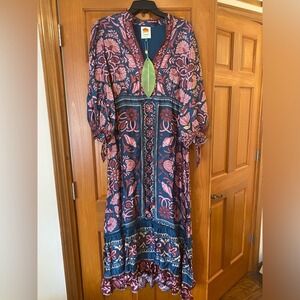 NEW Farm Rio Seashell Tapestry Teal Long Sleeve Maxi Dress Medium Boho Women's